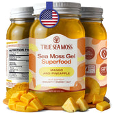 TrueSeaMoss glass jar of sea moss gel mango pineapple with fresh fruit pieces supports immunity energy and gut health